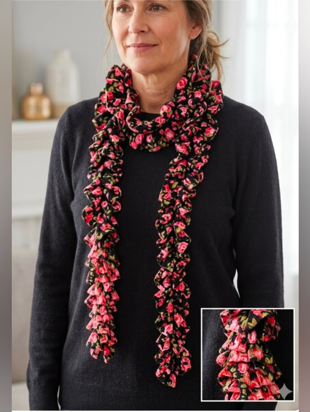Handmade Knit Ruffle Skinny Scarf Rose Floral Pattern Black Red